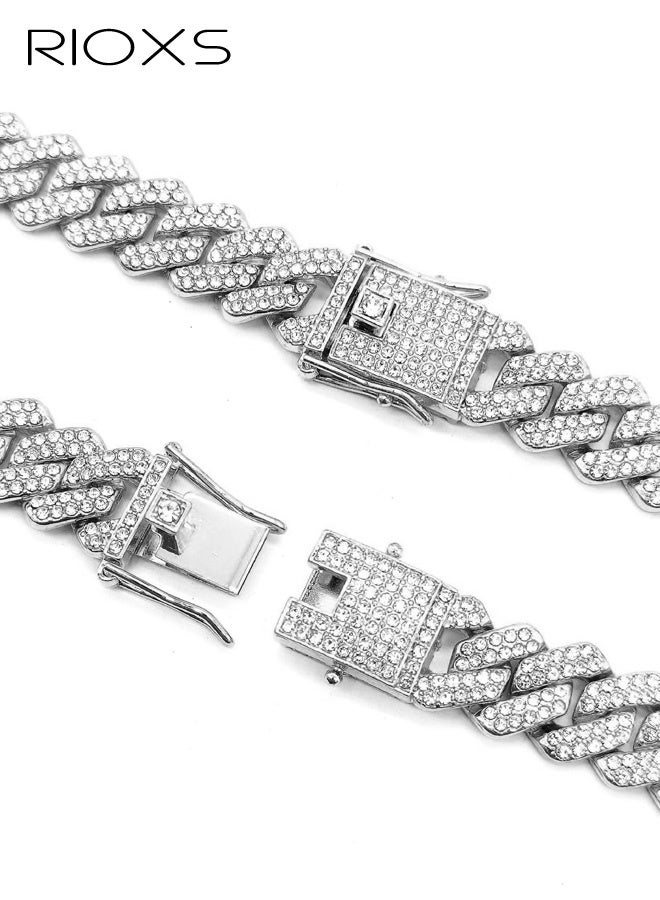 RIOXS Unisex Hip-Hop Cuban Chain Necklace, 14mm-wide Diamond-Cut Geometric Rhinestone Design, Alloy Material with Diamond-Studded Pendant, Streetwear Fashion Piece, Sliver - Image 3
